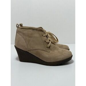 Tom's Le Miu Women's Tan Suede Wedge Ankle Boots Lace Up Chukka Style Size 7.5